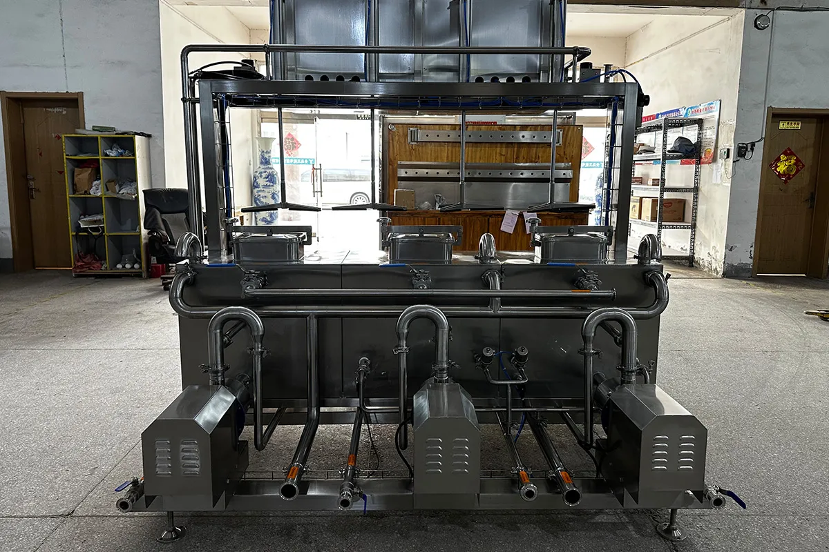 Four heads canning machine operating in craft brewery production line