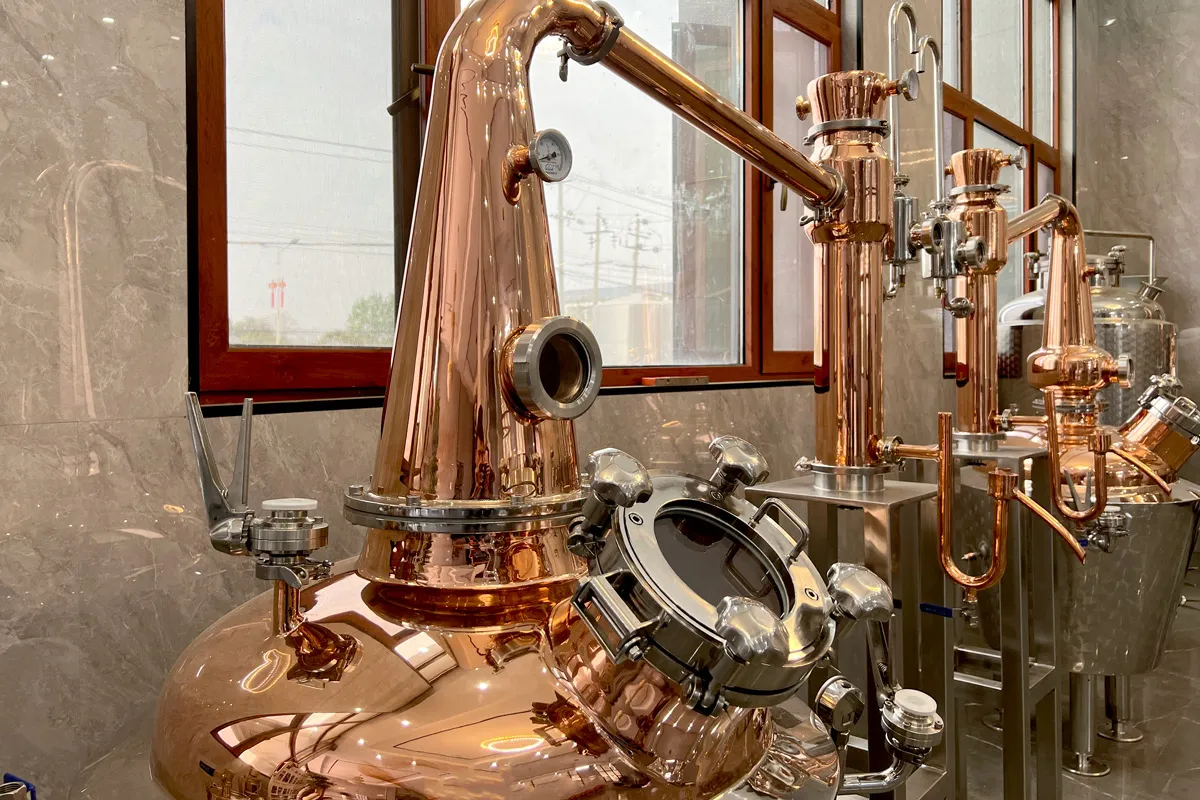 Traditional double pot distillation system with control panel