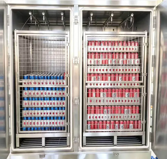 Chamber pasteurizer with rack cage for cans pasteurization